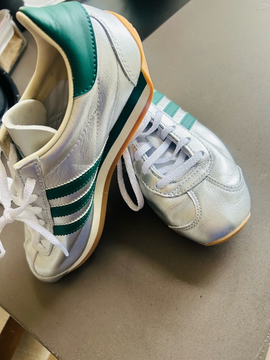 adidas Shoes - adidas Silver with Green Stripes Women’s Sneakers